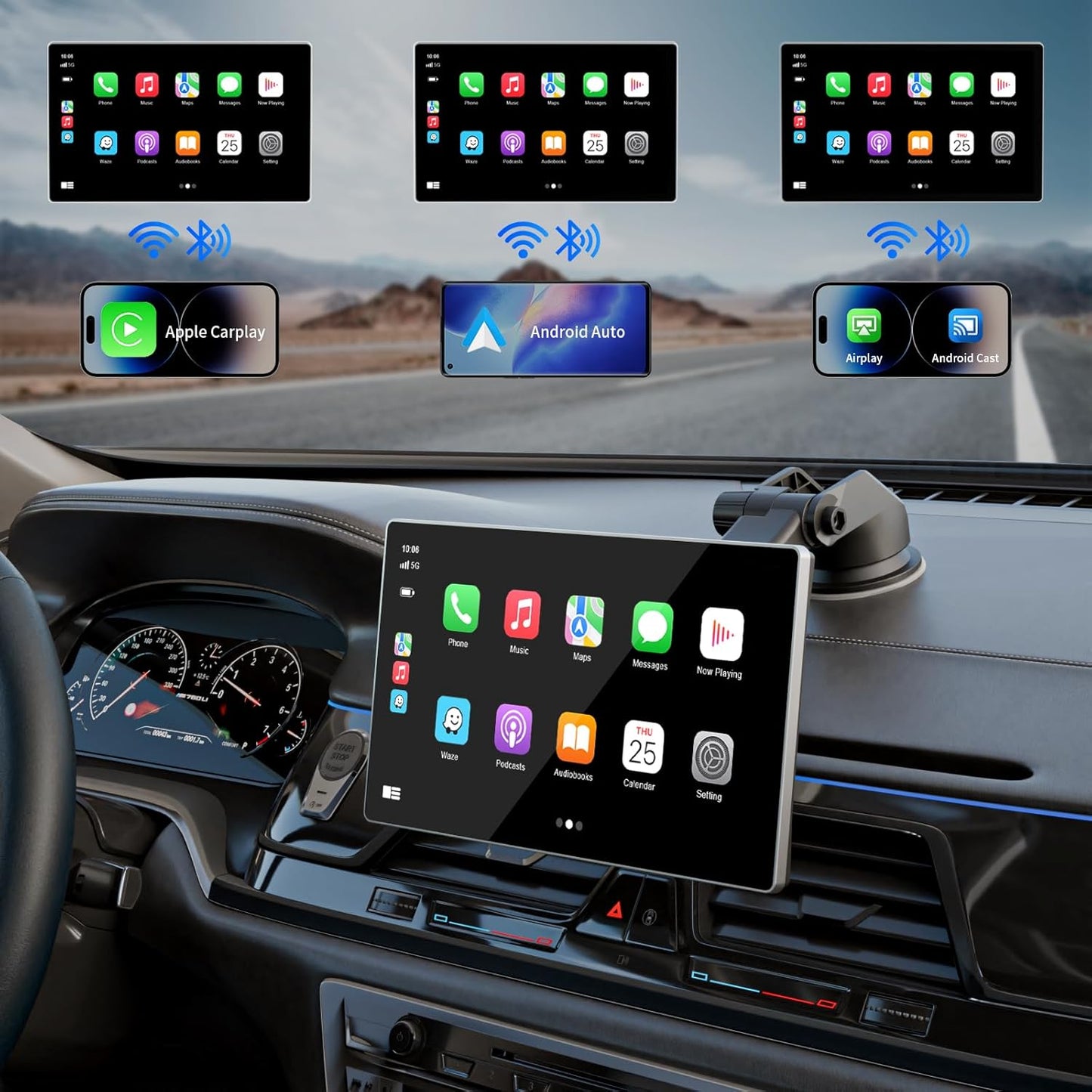 Portable Apple Carplay Screen for Car, 9" Wireless Apple Carplay & Android Auto,4K Dash Cam,1080P Backup Camera Dvr,Car Audio Receivers GPS Navigation Mirror Link, Bluetooth,Fm, Siri