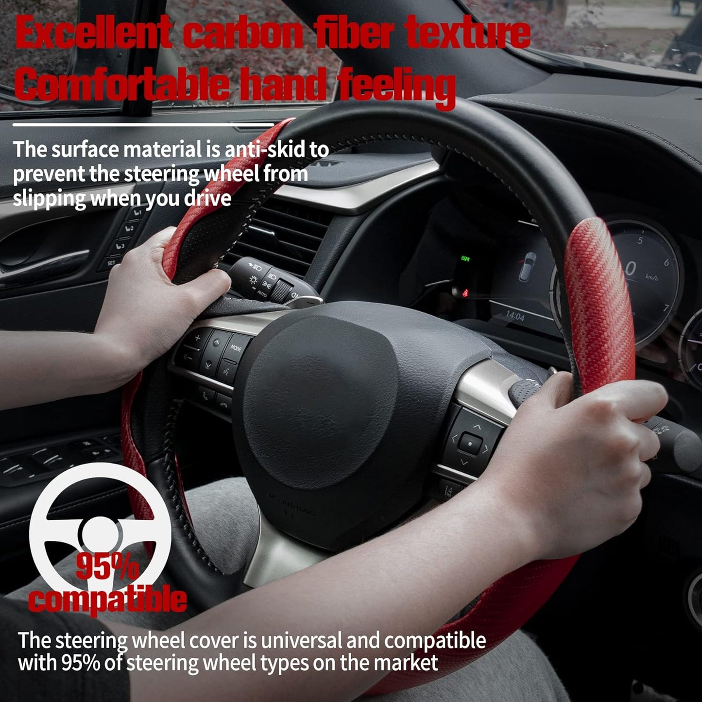Carbon Fiber Anti-Skid Steering Wheel Protector, Segmented Butterfly Universal Wheel Cover, Car Interior Accessories (Red)