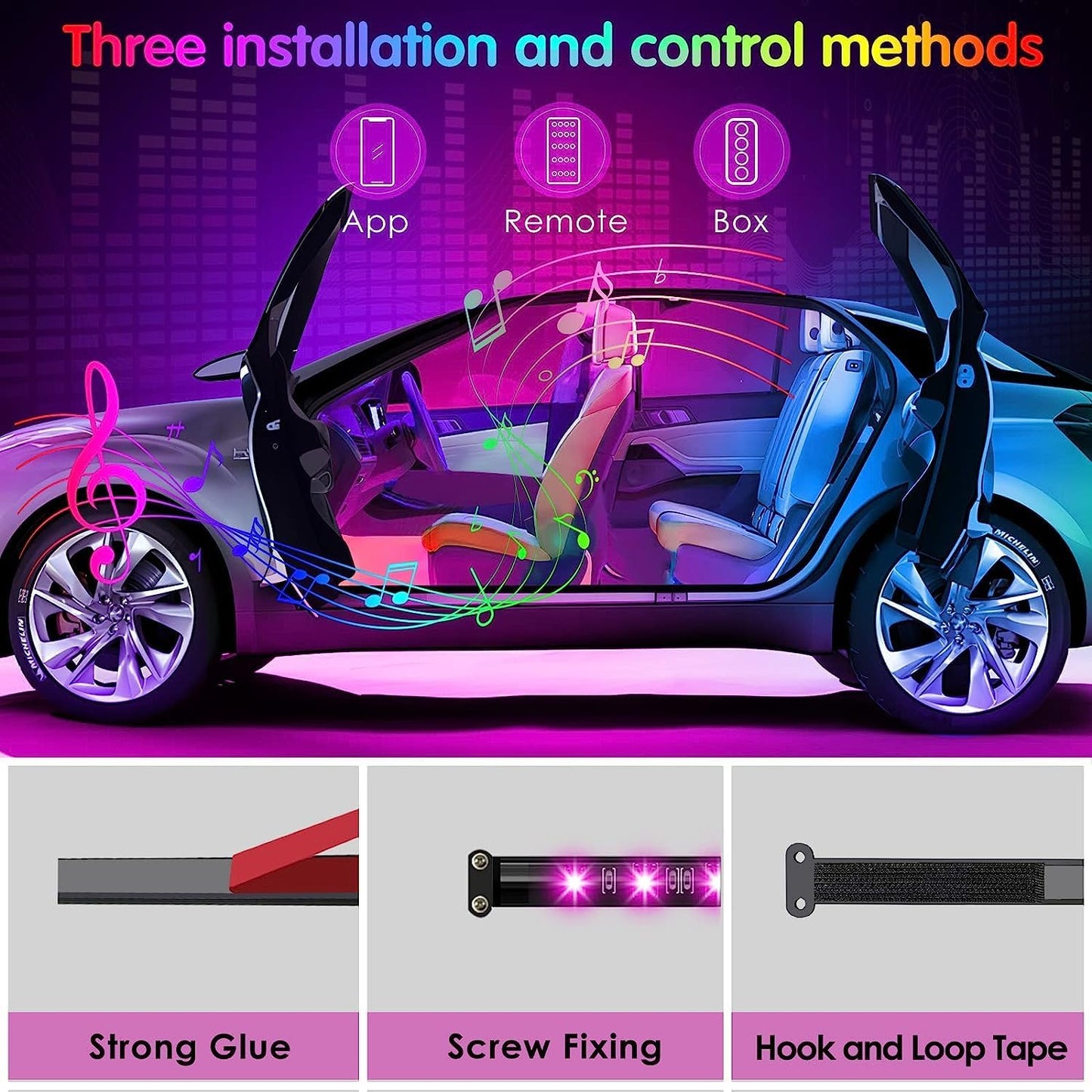 Car Accessories Interior Car LED Lights with Remote and APP Control Music Sync Color Change under Dash RGB Car Lighting with Car Charger 12V 1A LED Lights for Car