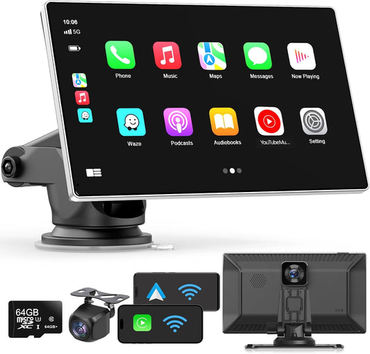 Portable Apple Carplay Screen for Car, 9" Wireless Apple Carplay & Android Auto,4K Dash Cam,1080P Backup Camera Dvr,Car Audio Receivers GPS Navigation Mirror Link, Bluetooth,Fm, Siri