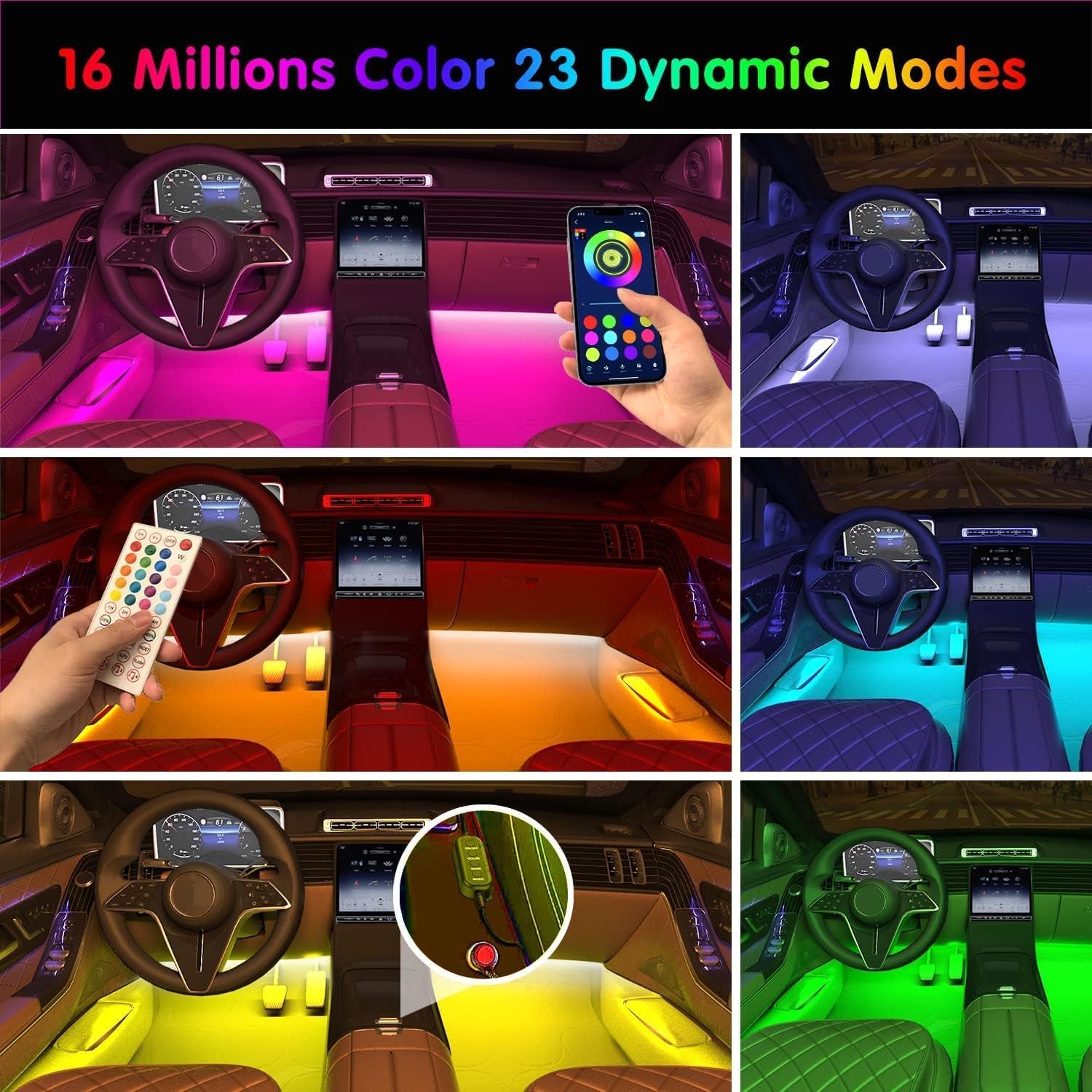 Car Accessories Interior Car LED Lights with Remote and APP Control Music Sync Color Change under Dash RGB Car Lighting with Car Charger 12V 1A LED Lights for Car
