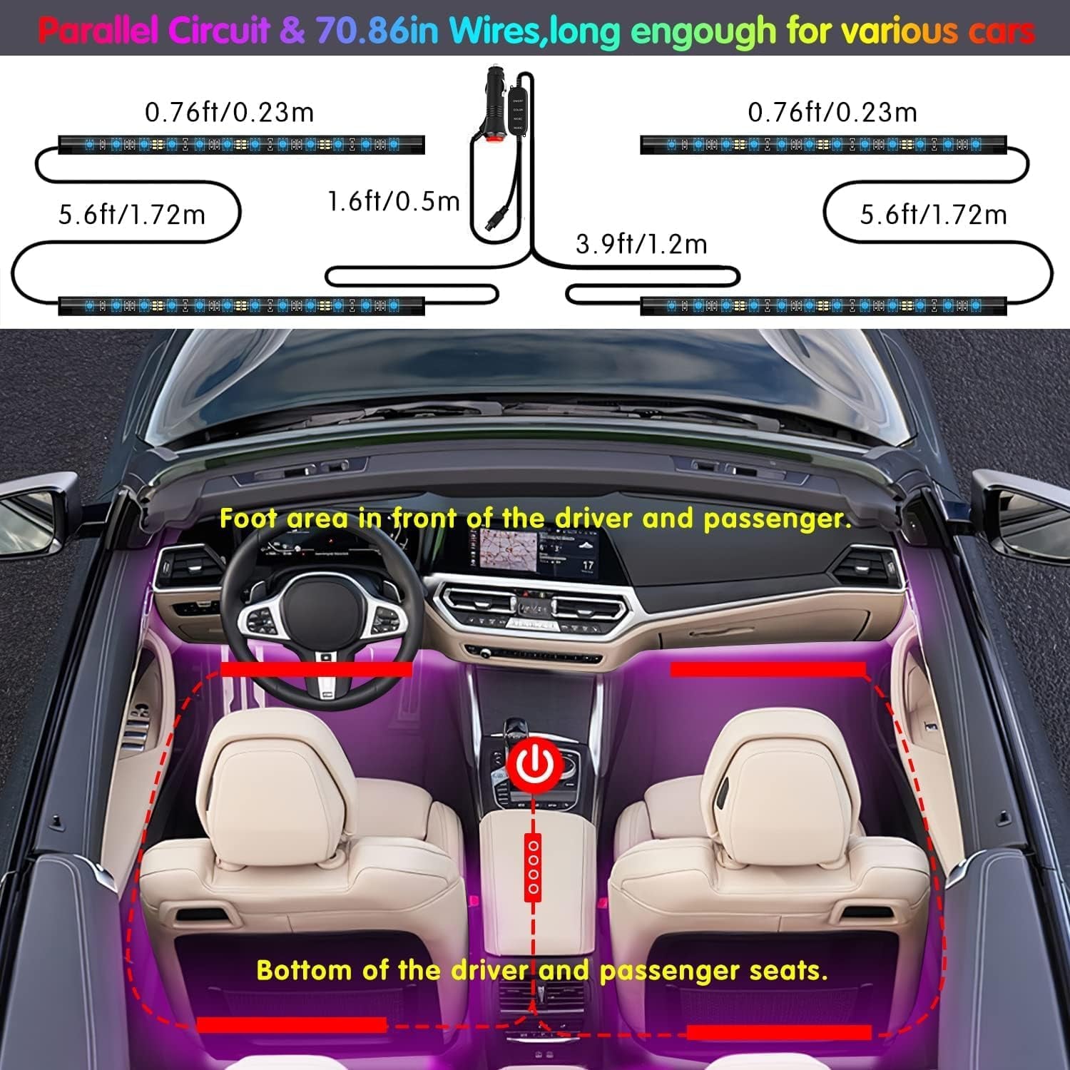 Car Accessories Interior Car LED Lights with Remote and APP Control Music Sync Color Change under Dash RGB Car Lighting with Car Charger 12V 1A LED Lights for Car